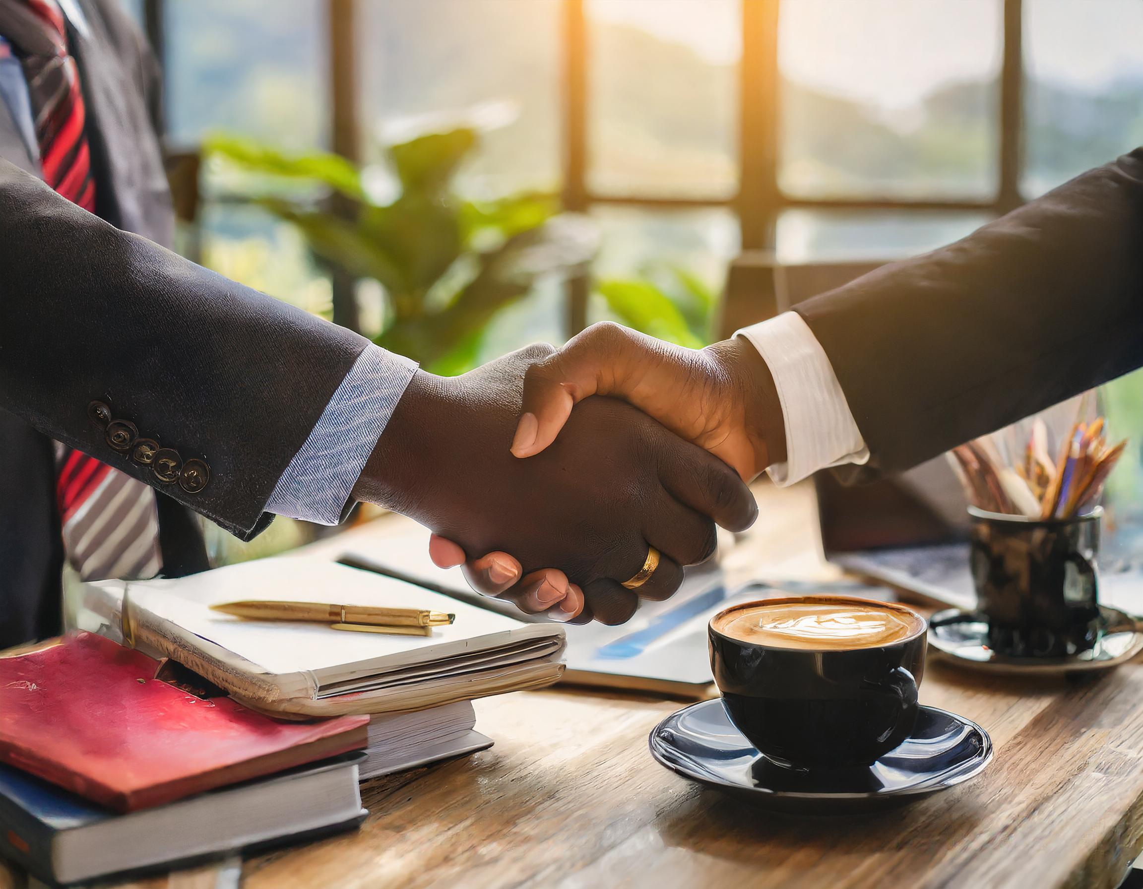 Two professionals shaking hands over documents at a desk