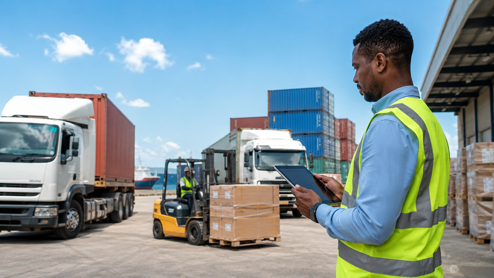 Logistics coordinator checking a consignment on a tablet at the port